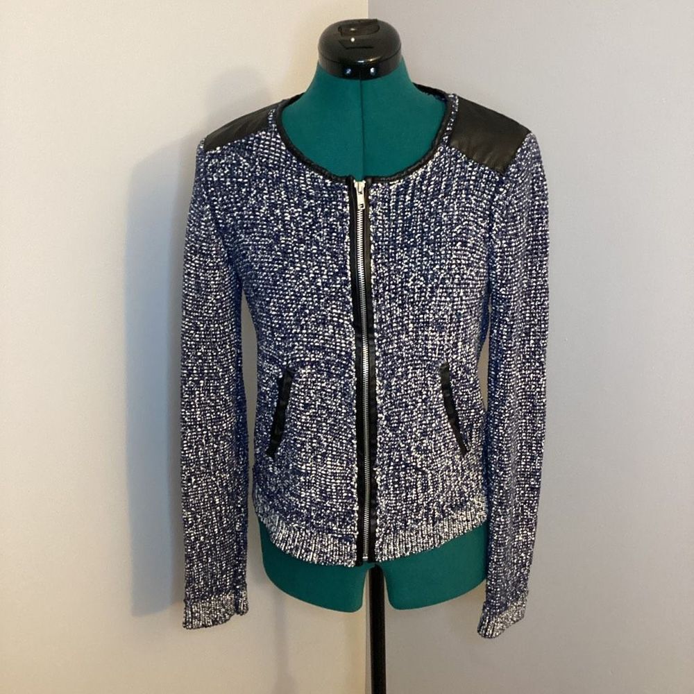 Ella Moss Black Leather trim Sweater Blazer Navy Blue and White Size M